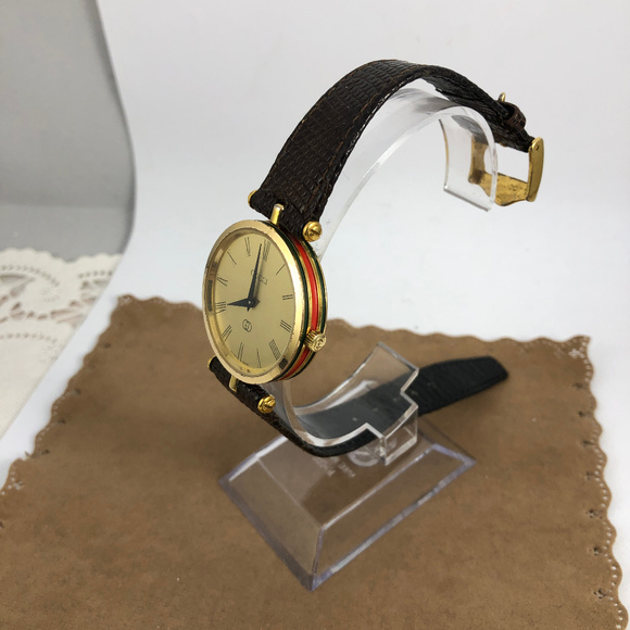 Vintage Swiss Made UNISEX Gucci 18KGP Gold Red & Green Stack Watch - Picture 2 of 8